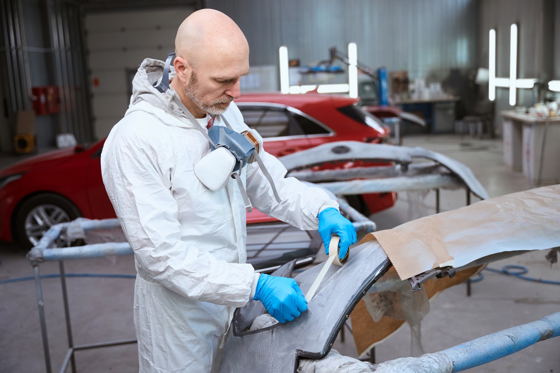 Auto repair shop worker prepares car bumper for painting